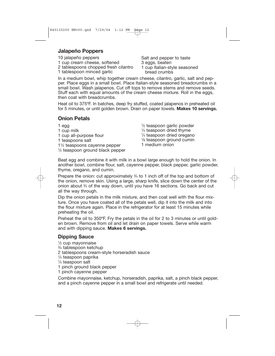 Jalapeño poppers, Onion petals, Dipping sauce | Hamilton Beach 35020C User Manual | Page 12 / 44