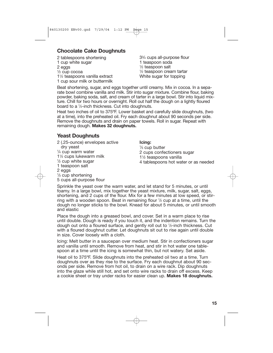 Chocolate cake doughnuts, Yeast doughnuts | Hamilton Beach 35020C User Manual | Page 15 / 44