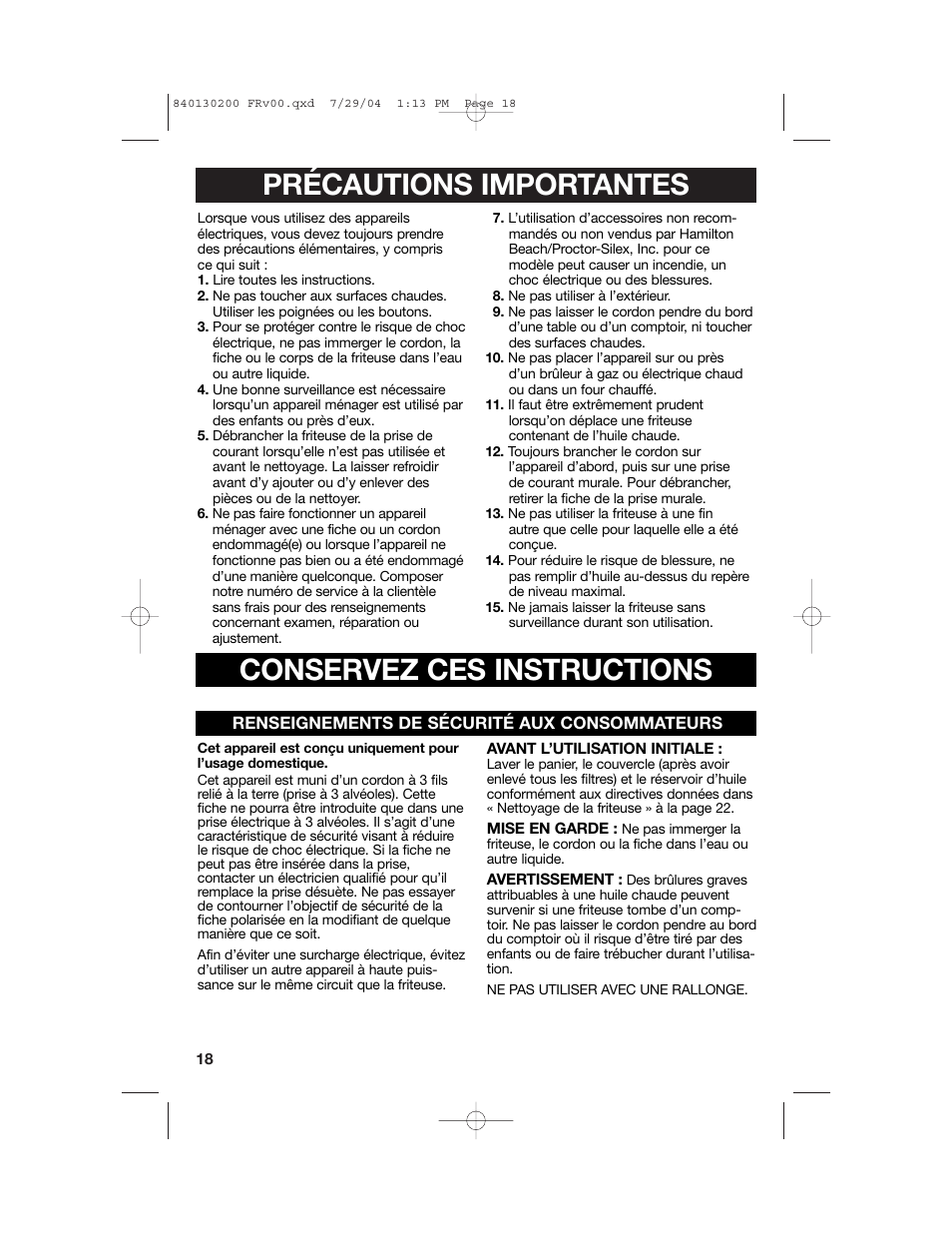 Précautions importantes, Conservez ces instructions | Hamilton Beach 35020C User Manual | Page 18 / 44