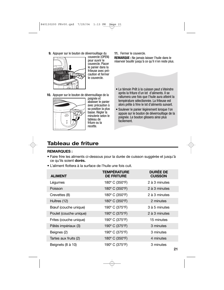 Friture, Conseils de friture, Tableau de friture | Hamilton Beach 35020C User Manual | Page 21 / 44