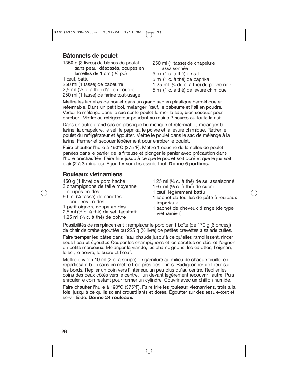 Bâtonnets de poulet, Rouleaux vietnamiens | Hamilton Beach 35020C User Manual | Page 26 / 44