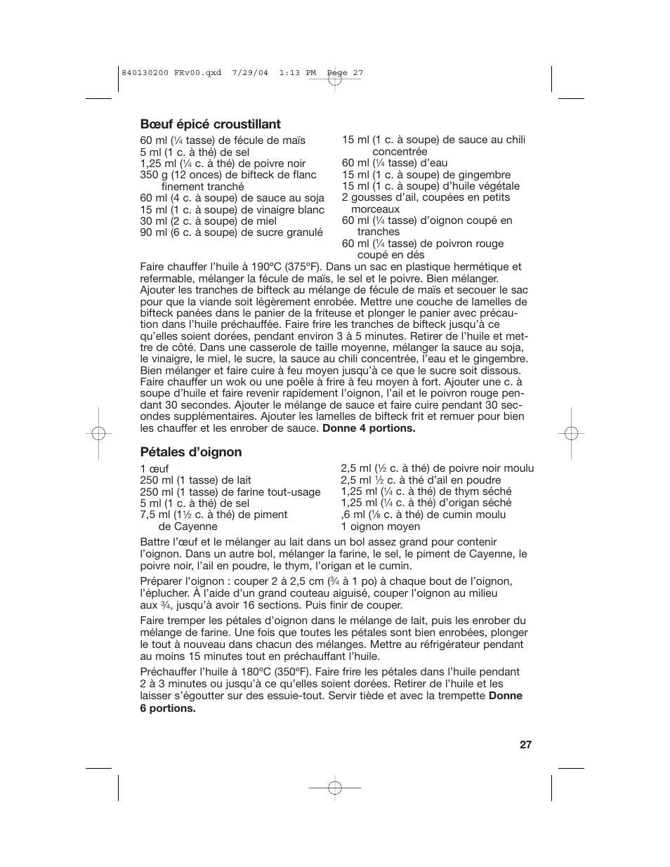 Bœuf épicé croustillant, Pétales d’oignon | Hamilton Beach 35020C User Manual | Page 27 / 44