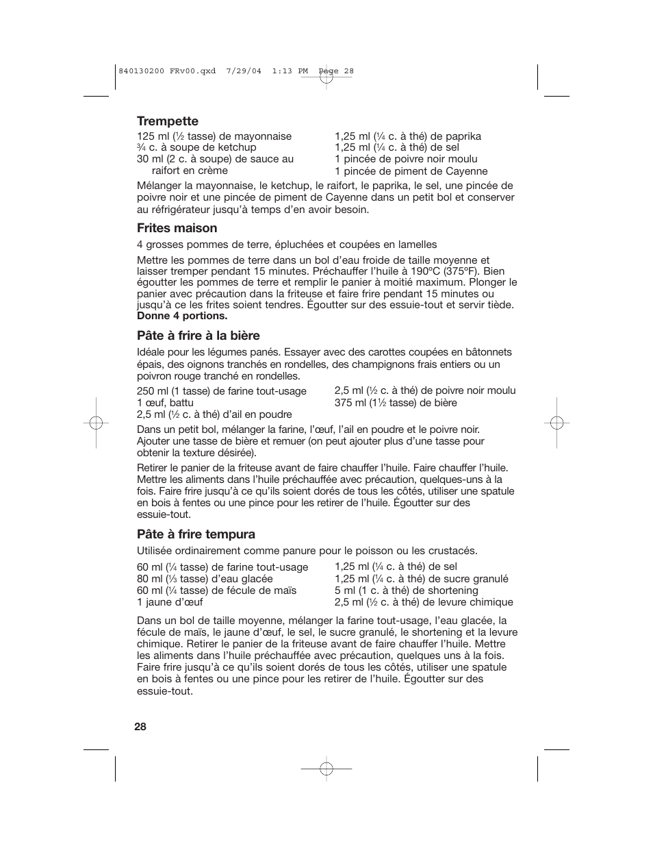 Trempette, Frites maison, Pâte à frire à la bière | Pâte à frire tempura | Hamilton Beach 35020C User Manual | Page 28 / 44