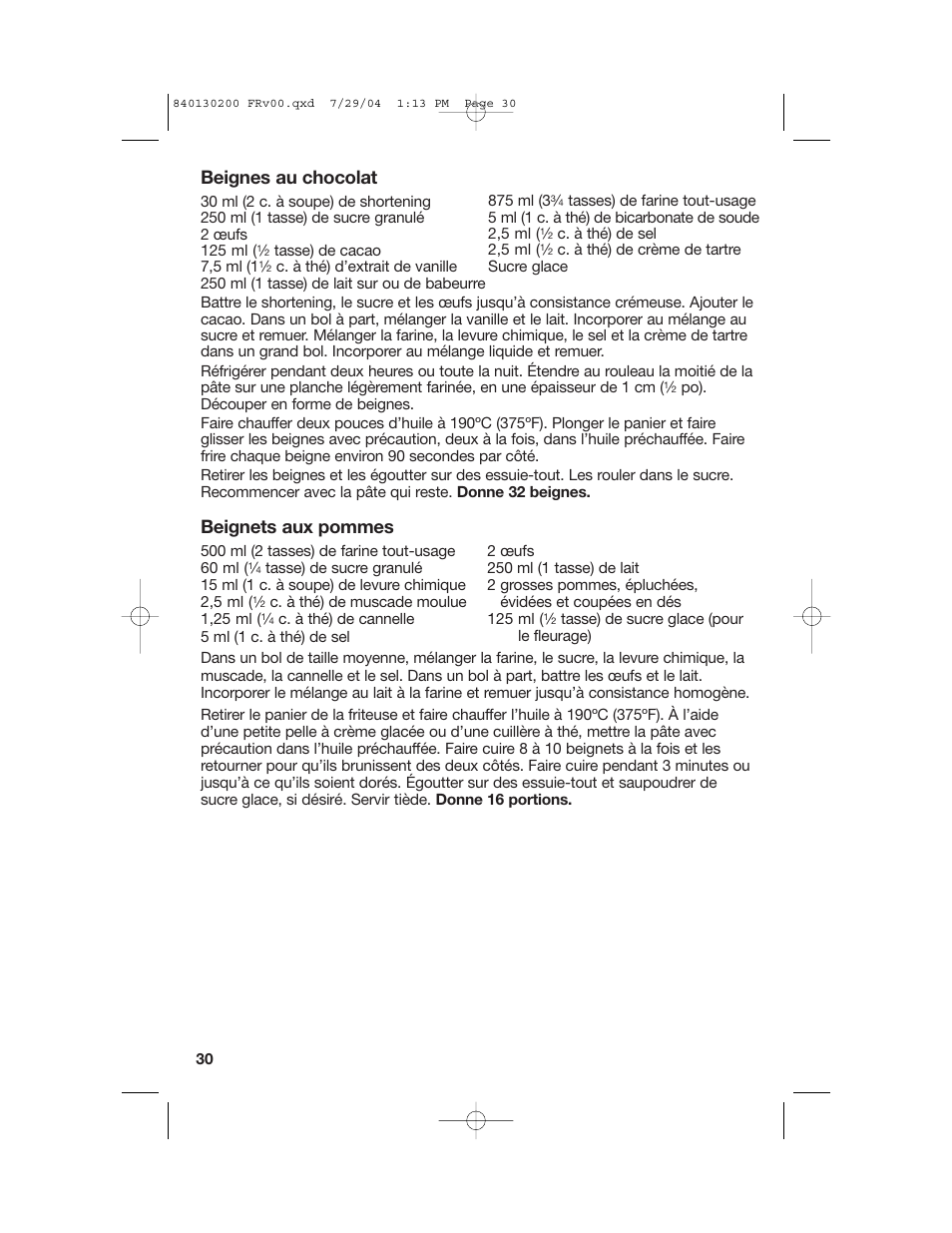 Beignes au chocolat, Beignets aux pommes | Hamilton Beach 35020C User Manual | Page 30 / 44