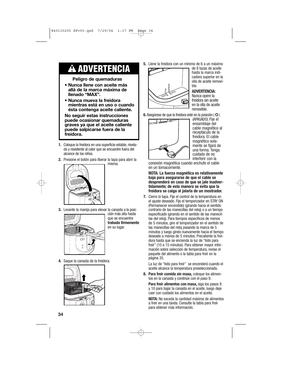 Cómo freír, Wadvertencia | Hamilton Beach 35020C User Manual | Page 34 / 44