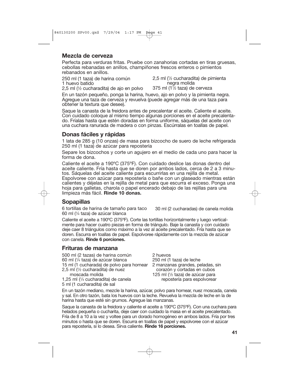 Mezcla de cerveza, Donas fáciles y rápidas, Sopapillas | Frituras de manzana | Hamilton Beach 35020C User Manual | Page 41 / 44