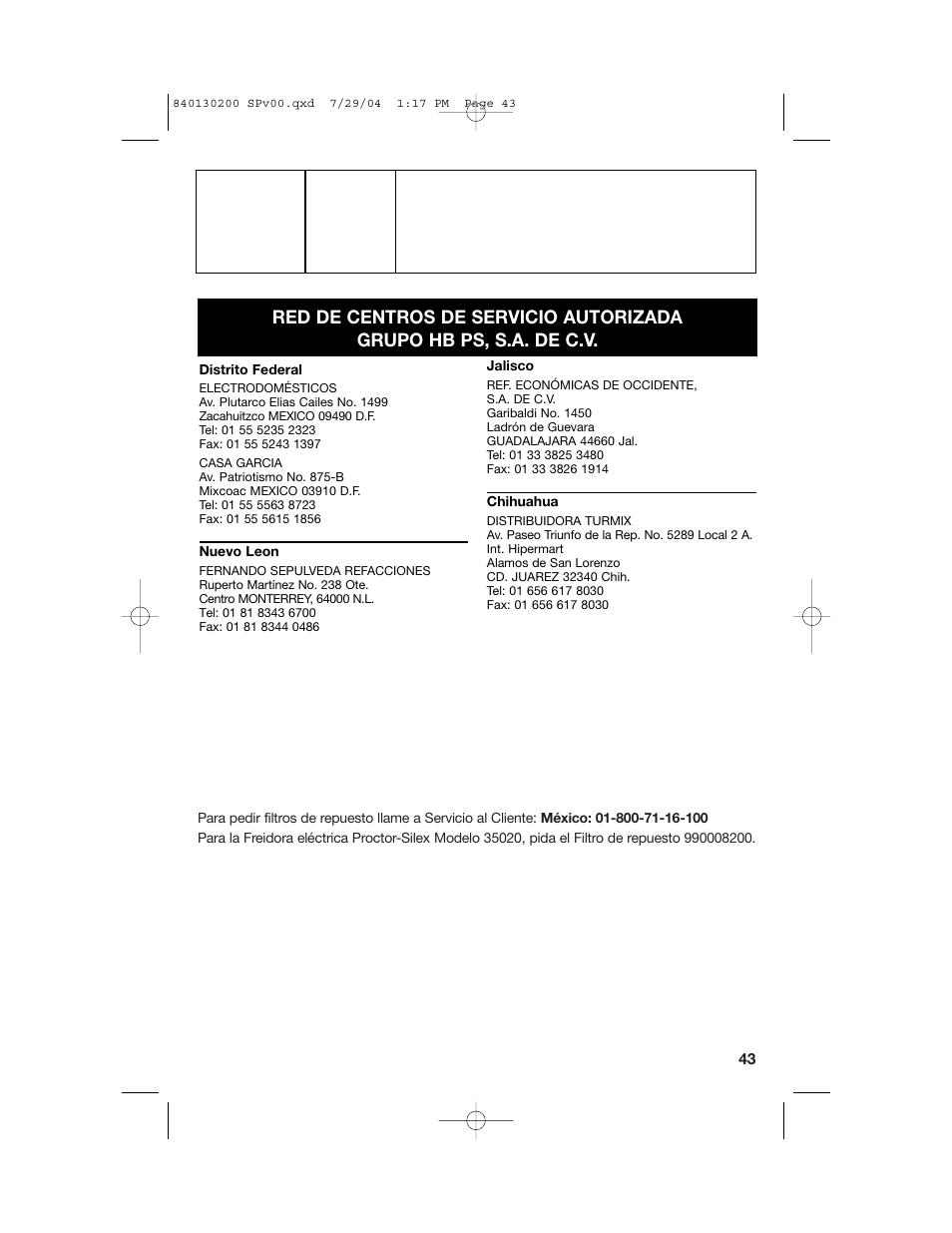 Para pedir filtros de repuesto | Hamilton Beach 35020C User Manual | Page 43 / 44