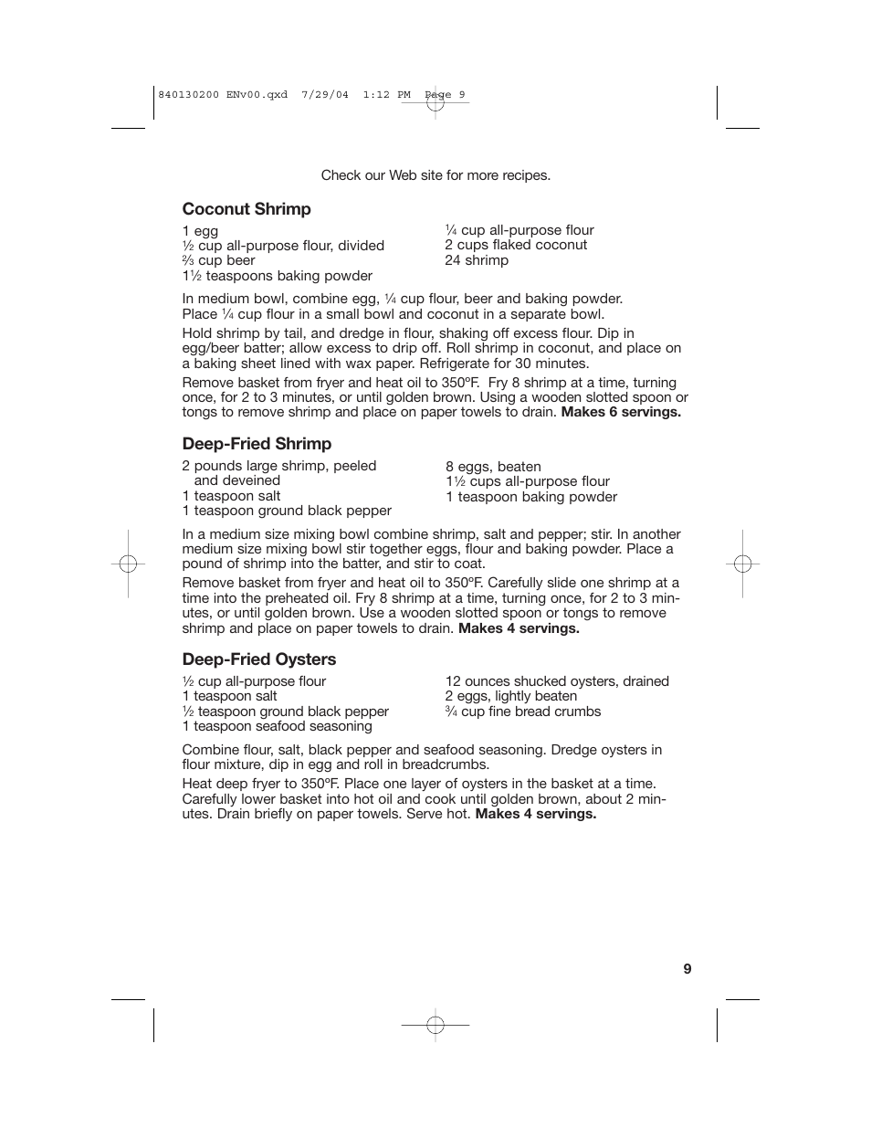 Recipes, Coconut shrimp, Deep-fried shrimp | Deep-fried oysters | Hamilton Beach 35020C User Manual | Page 9 / 44