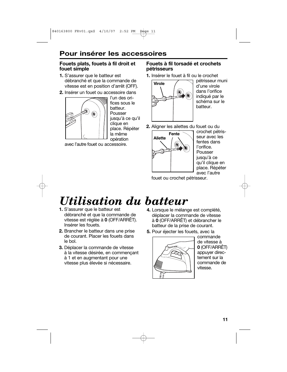 Utilisation du batteur, Pour insérer les accessoires | Hamilton Beach 62650 User Manual | Page 11 / 20