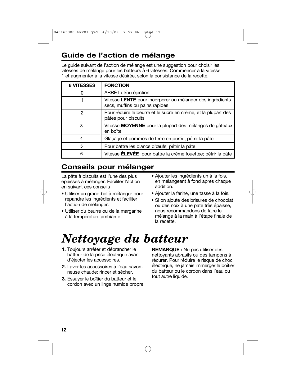 Nettoyage du batteur, Conseils pour mélanger, Guide de l’action de mélange | Hamilton Beach 62650 User Manual | Page 12 / 20