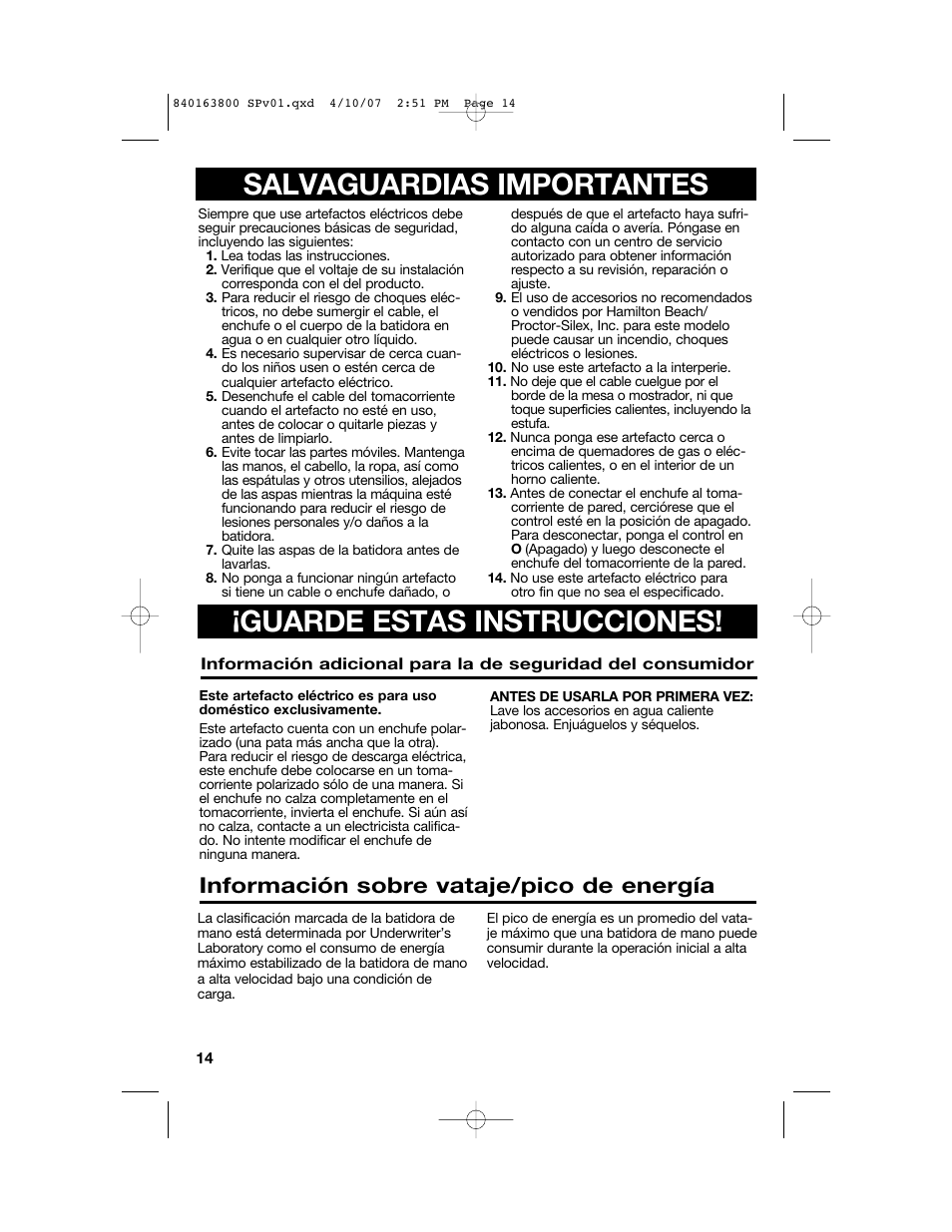 Información sobre vataje/pico de energía | Hamilton Beach 62650 User Manual | Page 14 / 20