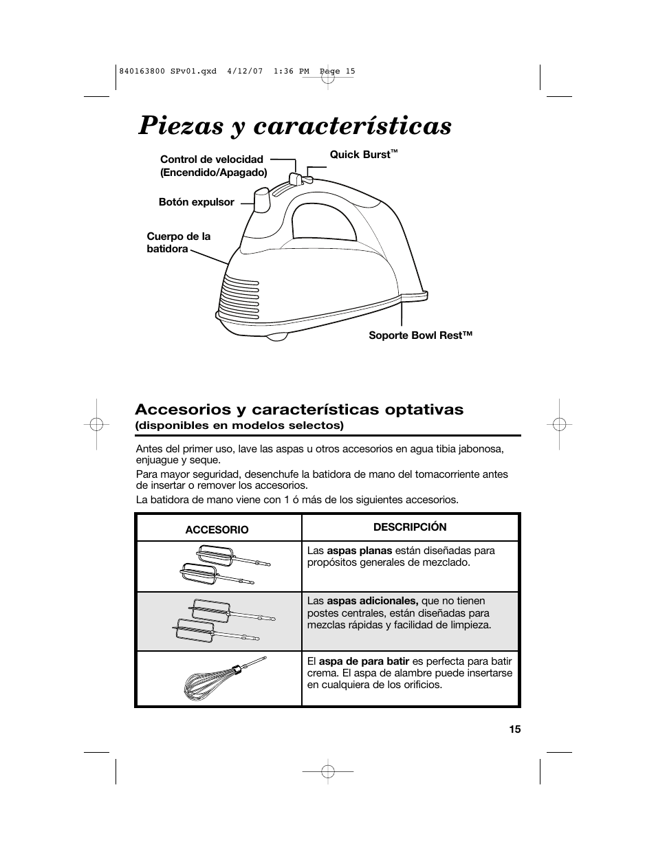 Piezas y características, Accesorios y características optativas | Hamilton Beach 62650 User Manual | Page 15 / 20