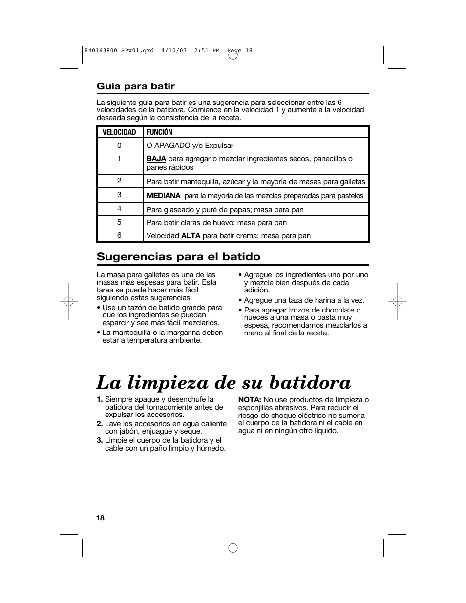 La limpieza de su batidora, Sugerencias para el batido | Hamilton Beach 62650 User Manual | Page 18 / 20