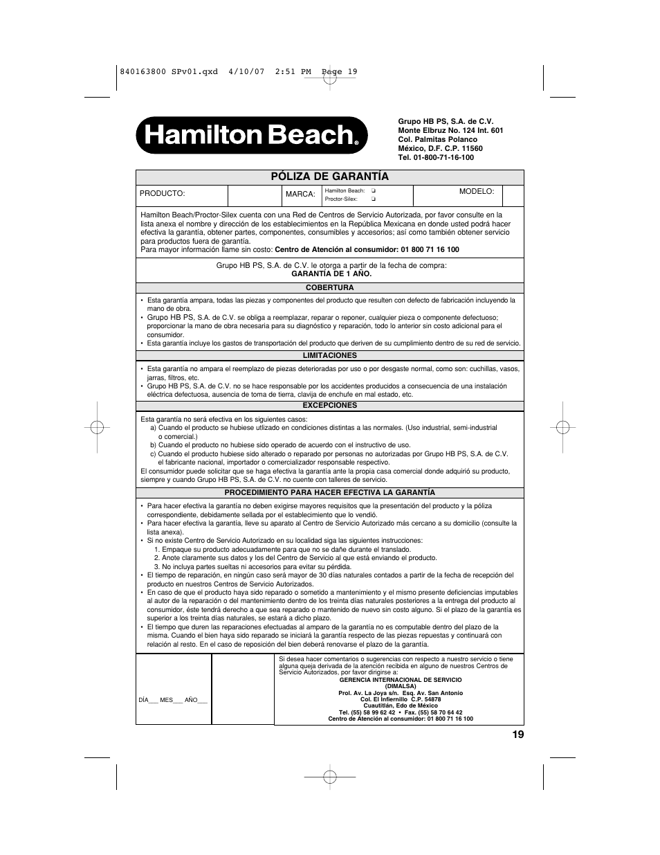 Póliza de garantía | Hamilton Beach 62650 User Manual | Page 19 / 20