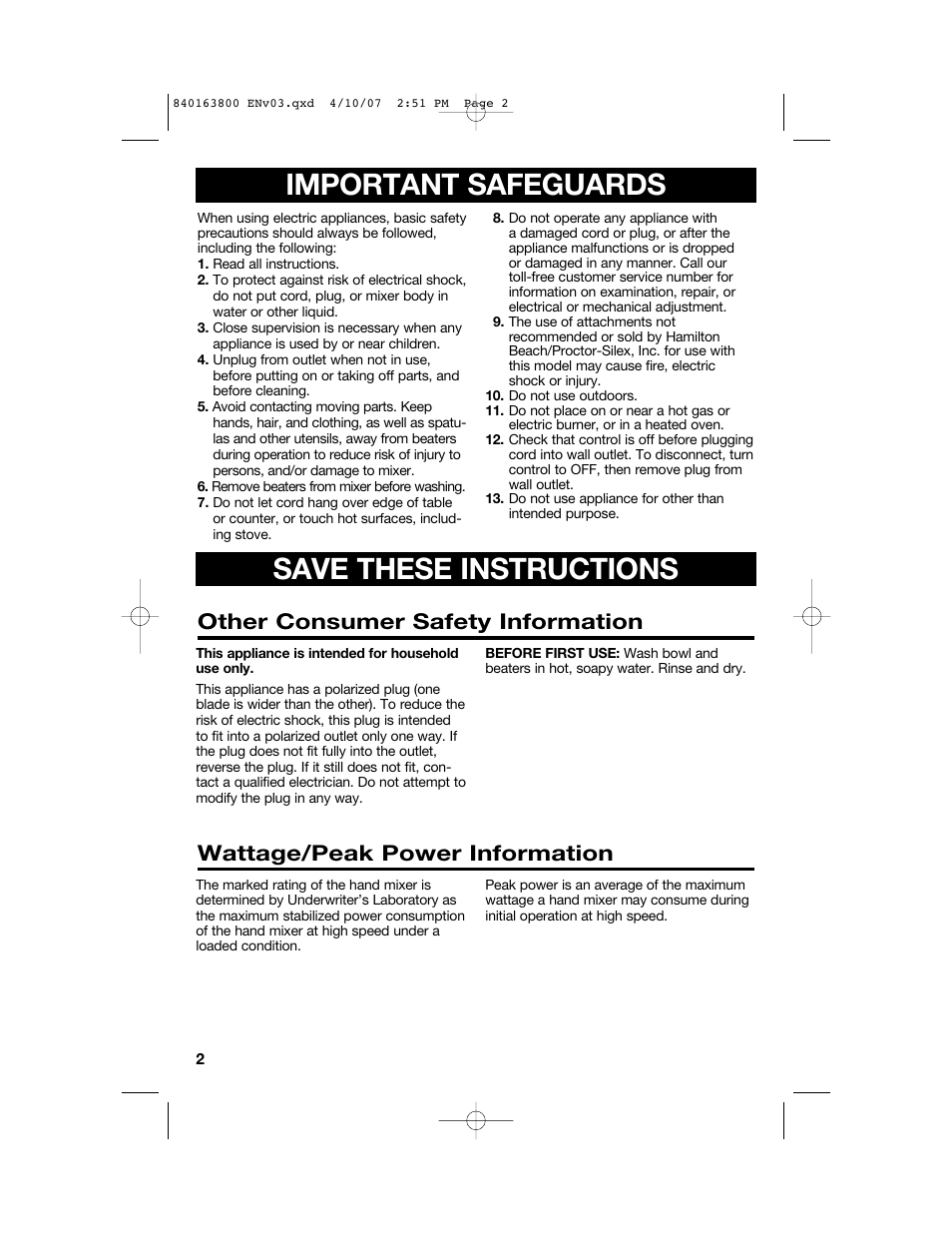 Important safeguards, Save these instructions, Other consumer safety information | Wattage/peak power information | Hamilton Beach 62650 User Manual | Page 2 / 20