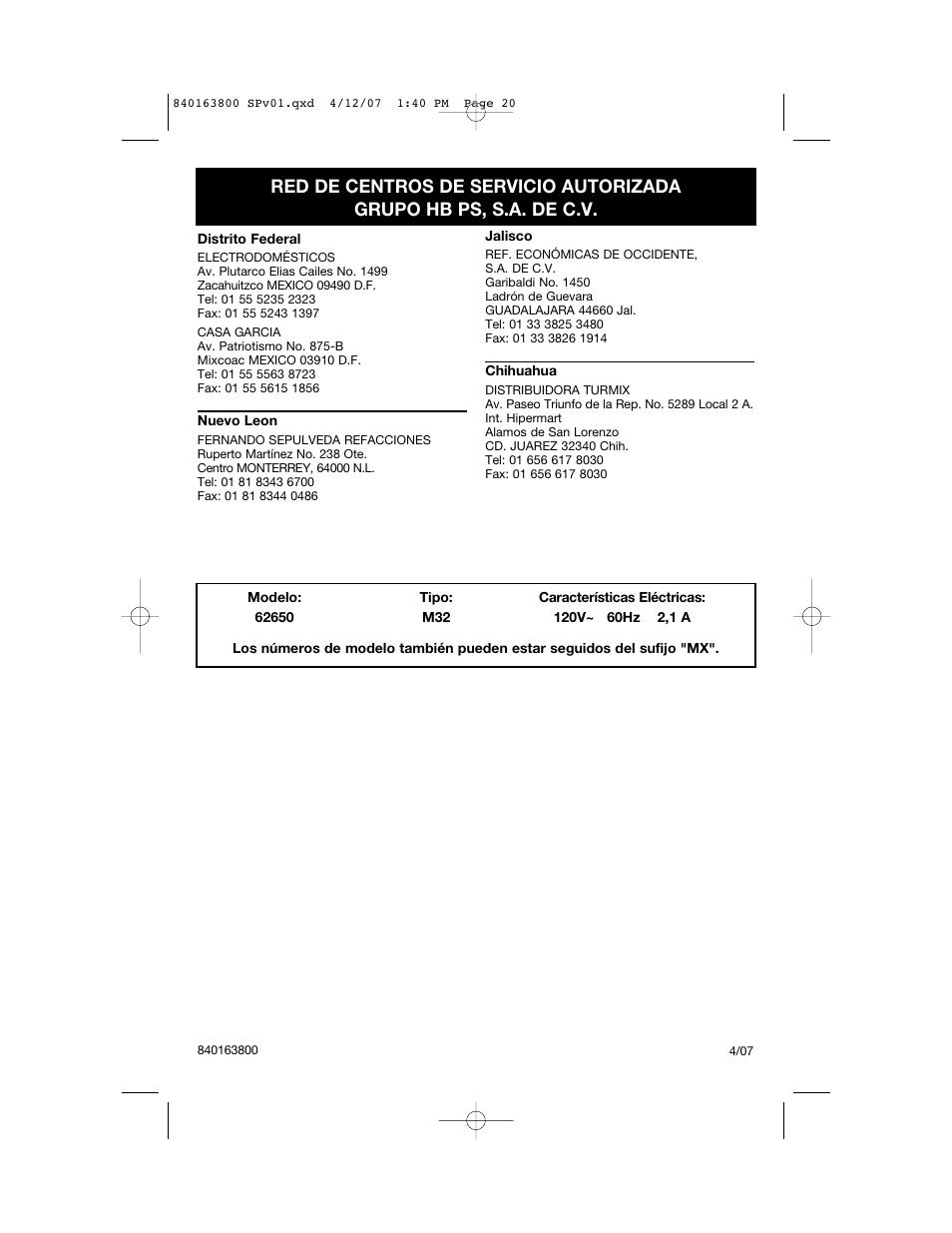 Hamilton Beach 62650 User Manual | Page 20 / 20