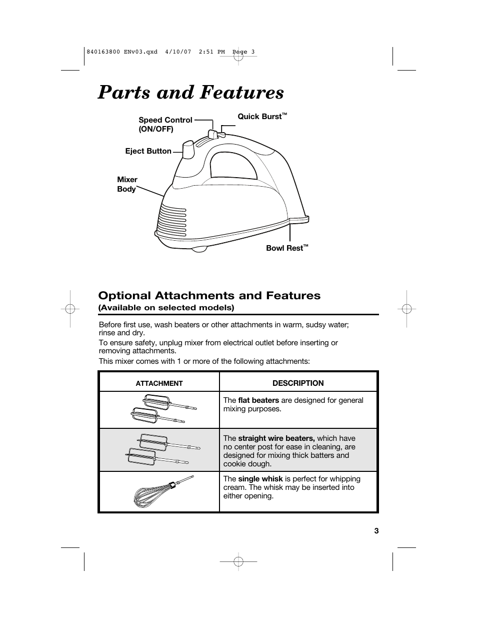 Parts and features, Optional attachments and features | Hamilton Beach 62650 User Manual | Page 3 / 20