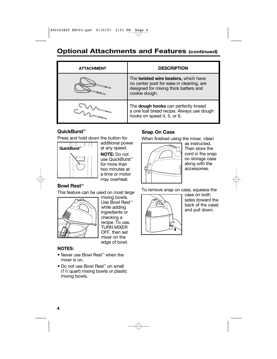 Optional attachments and features | Hamilton Beach 62650 User Manual | Page 4 / 20