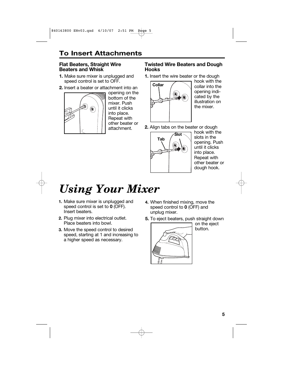 Using your mixer | Hamilton Beach 62650 User Manual | Page 5 / 20