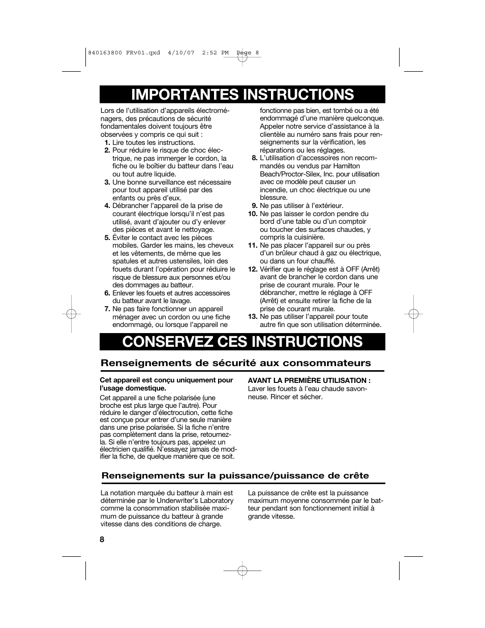 Importantes instructions, Conservez ces instructions | Hamilton Beach 62650 User Manual | Page 8 / 20