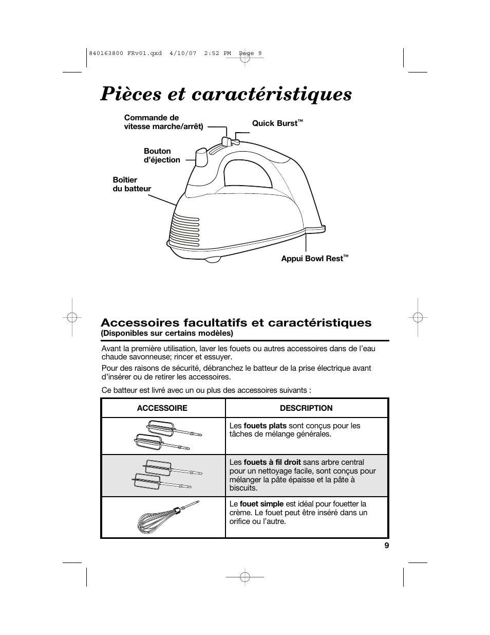 Pièces et caractéristiques, Accessoires facultatifs et caractéristiques | Hamilton Beach 62650 User Manual | Page 9 / 20