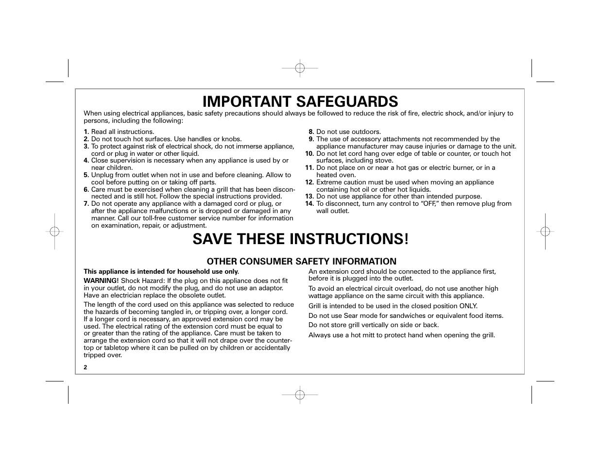 Save these instructions! important safeguards | Hamilton Beach 840172701 User Manual | Page 2 / 32
