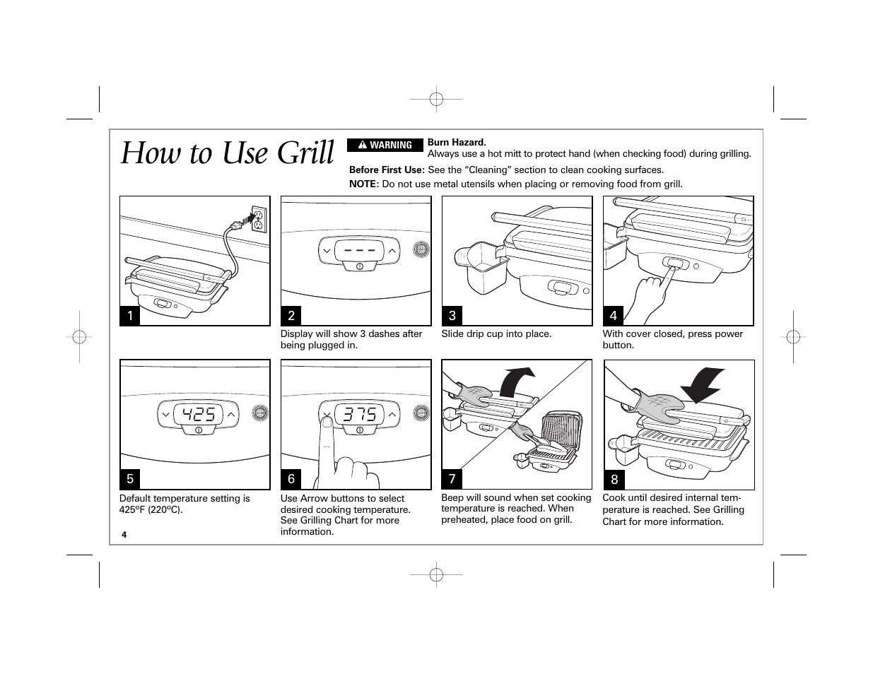 How to use grill | Hamilton Beach 840172701 User Manual | Page 4 / 32