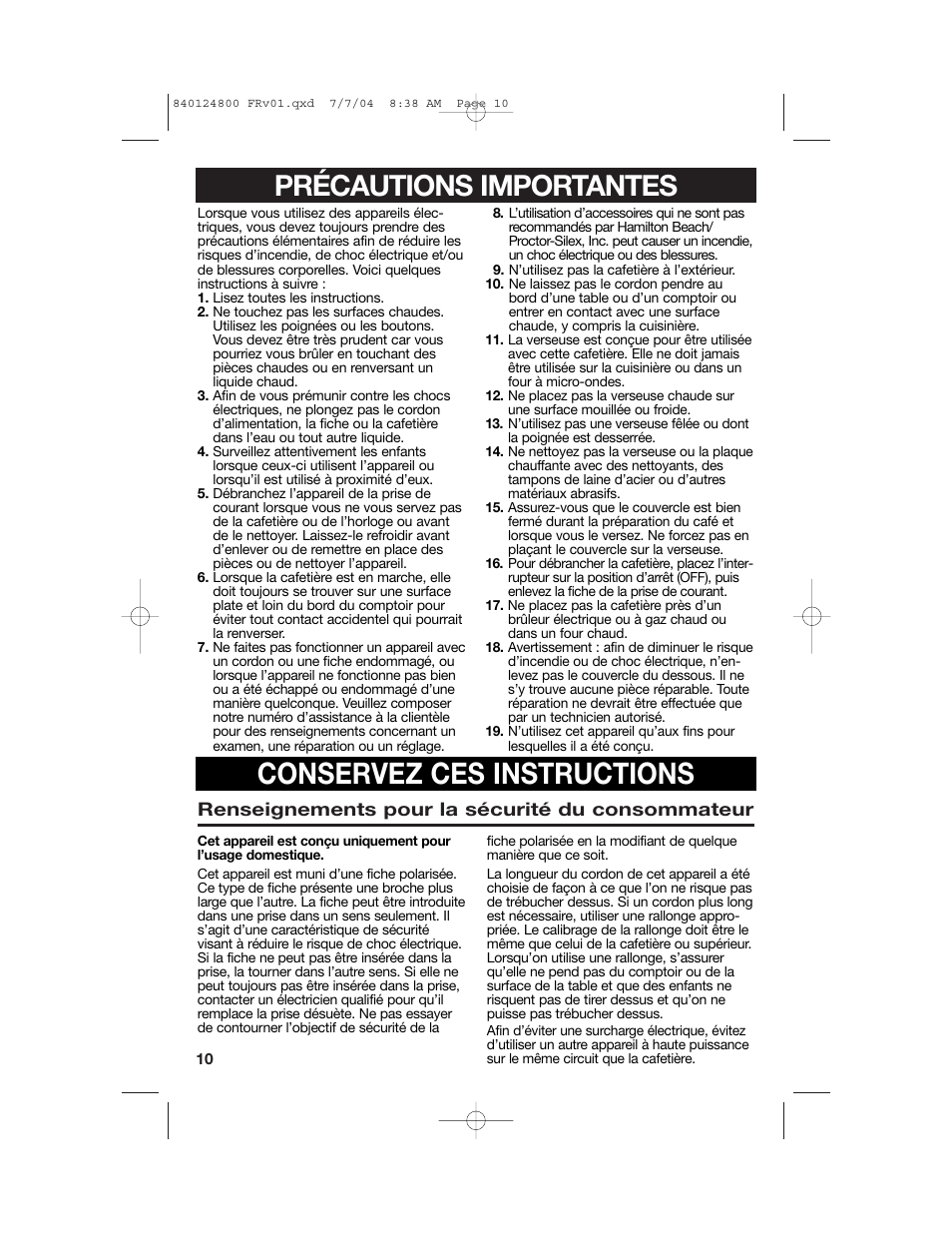 Conservez ces instructions, Précautions importantes | Hamilton Beach 46924 User Manual | Page 10 / 28