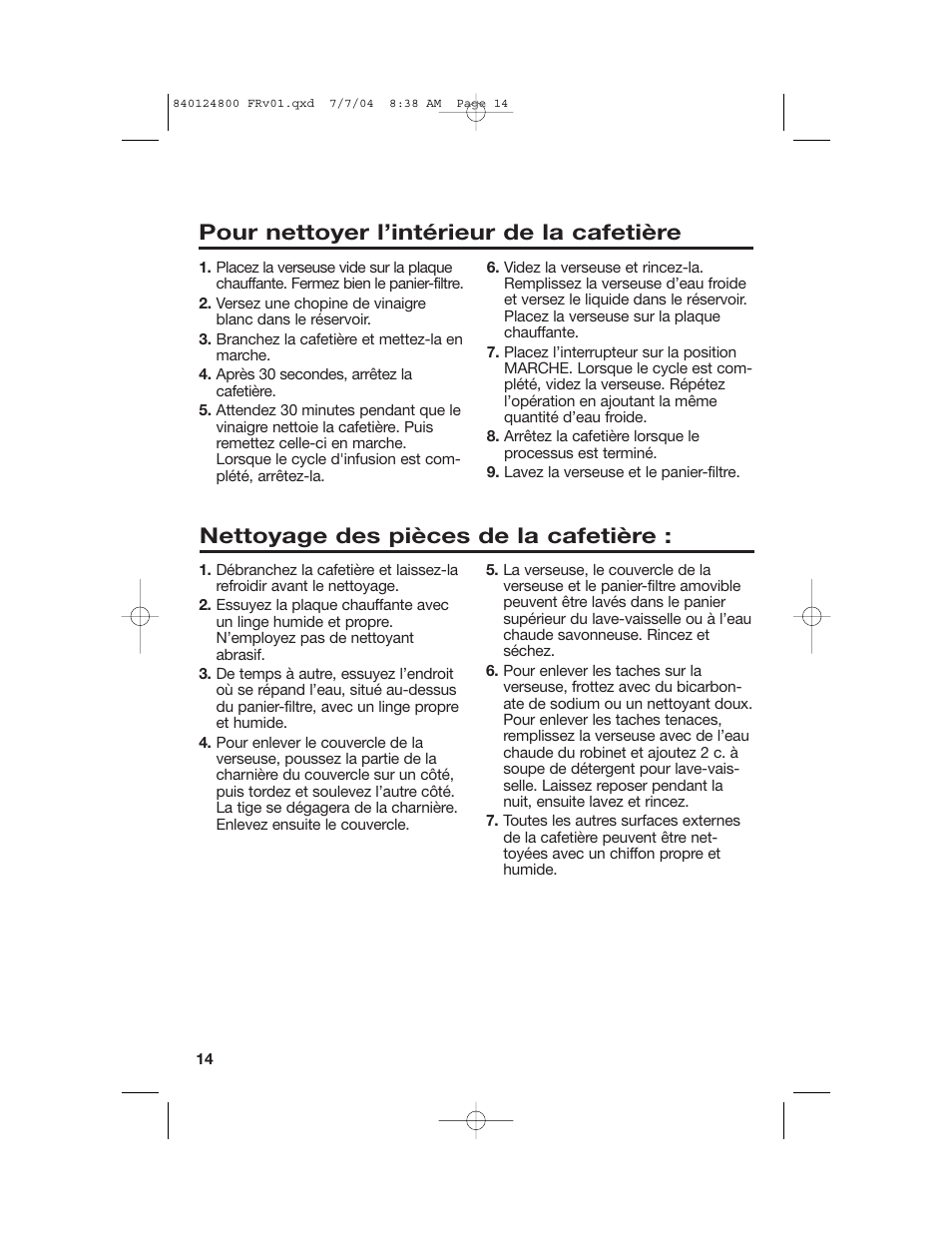 Nettoyage, Pour nettoyer l’intérieur de la cafetière, Nettoyage des pièces de la cafetière | Hamilton Beach 46924 User Manual | Page 14 / 28