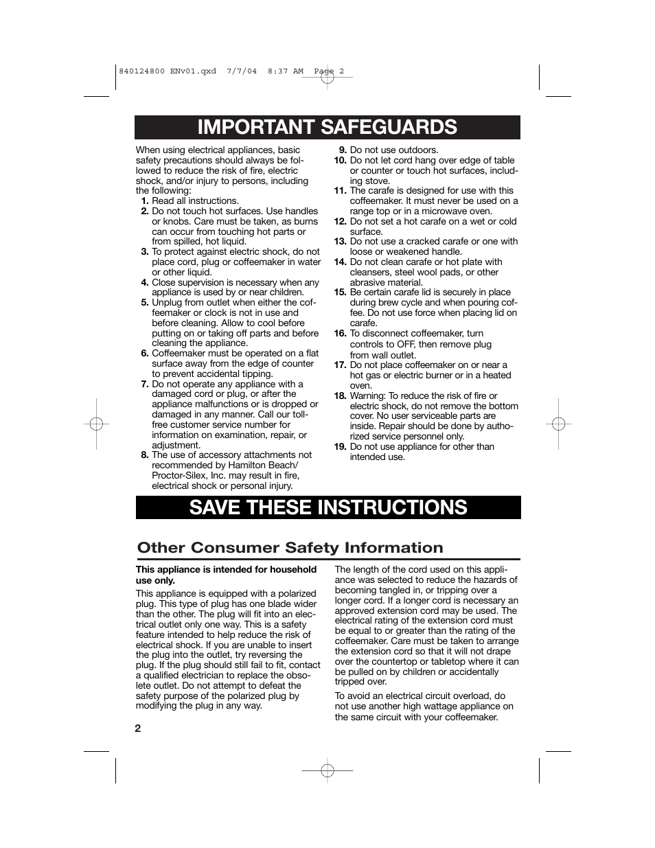 Important safeguards, Save these instructions, Other consumer safety information | Hamilton Beach 46924 User Manual | Page 2 / 28