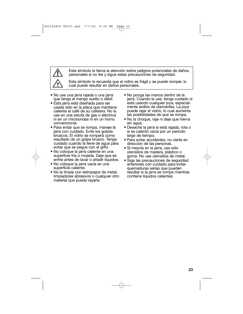 Precauciones de seguridad de la jarra | Hamilton Beach 46924 User Manual | Page 23 / 28