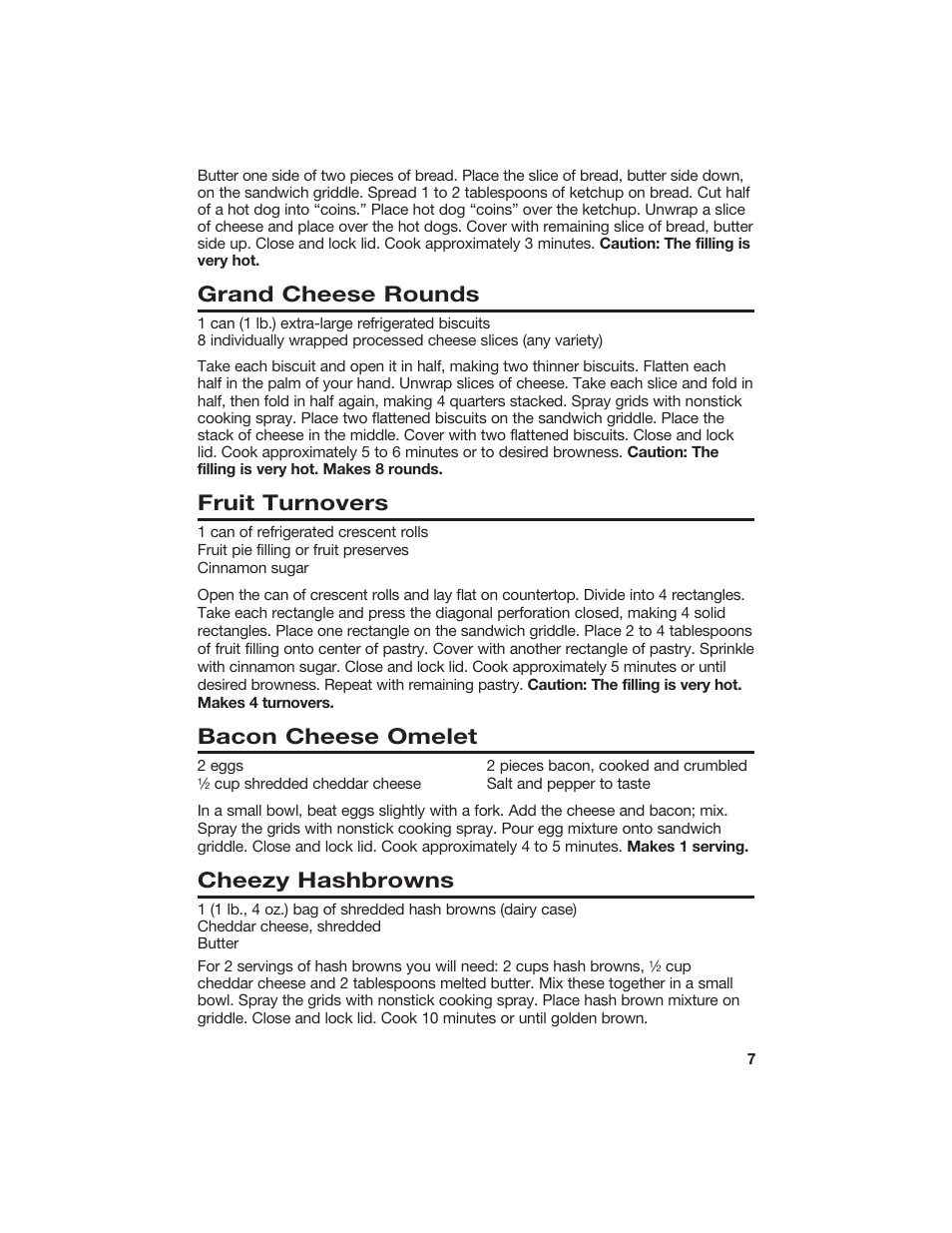 Grand cheese rounds, Fruit turnovers, Bacon cheese omelet | Cheezy hashbrowns | Hamilton Beach 840055700 User Manual | Page 7 / 8