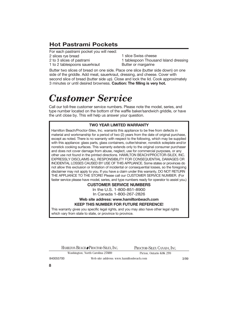 Customer service, Hot pastrami pockets | Hamilton Beach 840055700 User Manual | Page 8 / 8