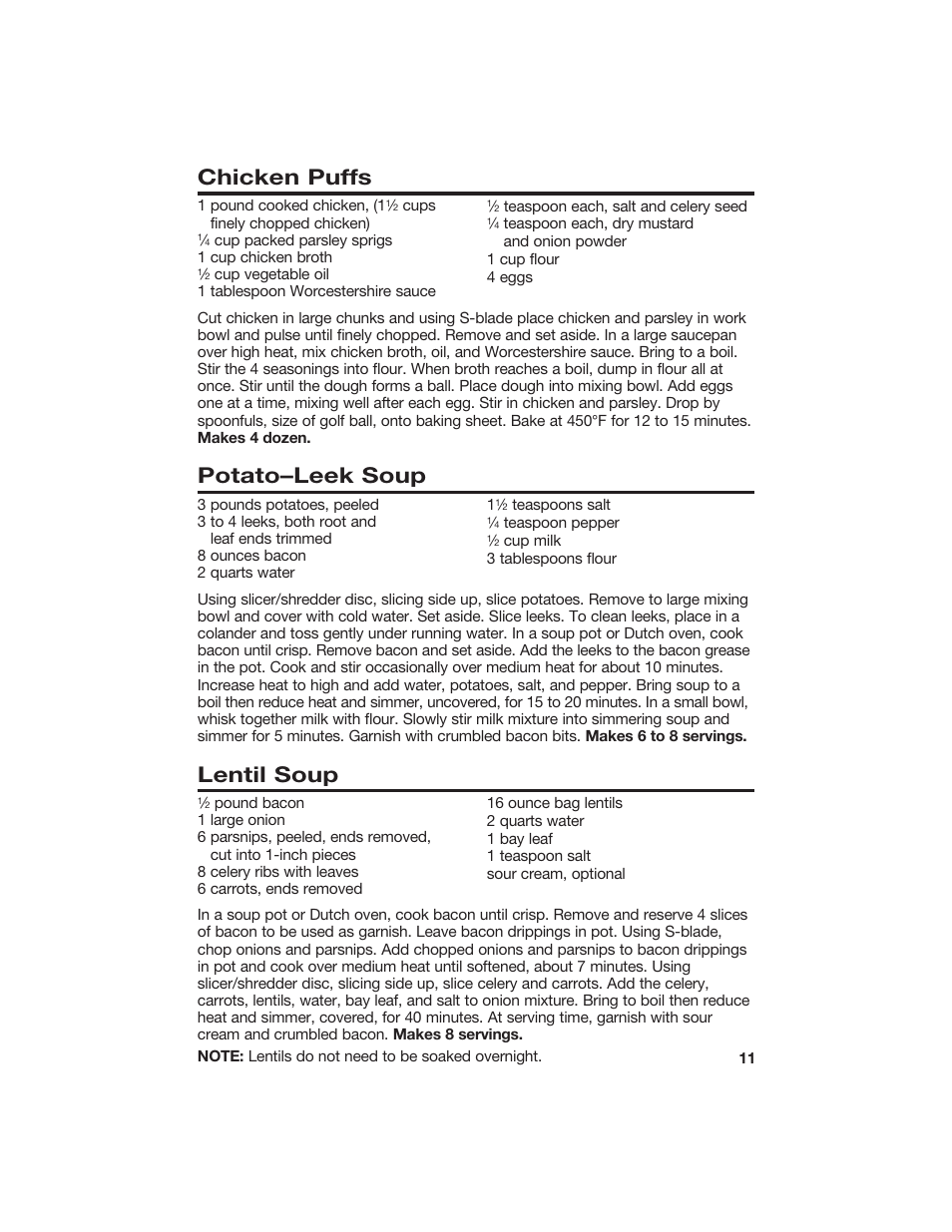 Chicken puffs, Potato–leek soup, Lentil soup | Hamilton Beach 840067400 User Manual | Page 11 / 18