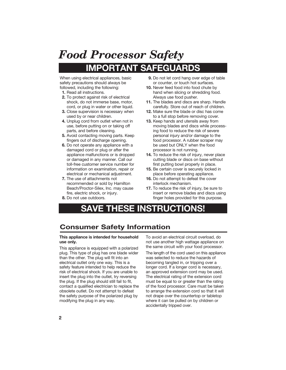 Food processor safety, Important safeguards save these instructions, Consumer safety information | Hamilton Beach 840067400 User Manual | Page 2 / 18