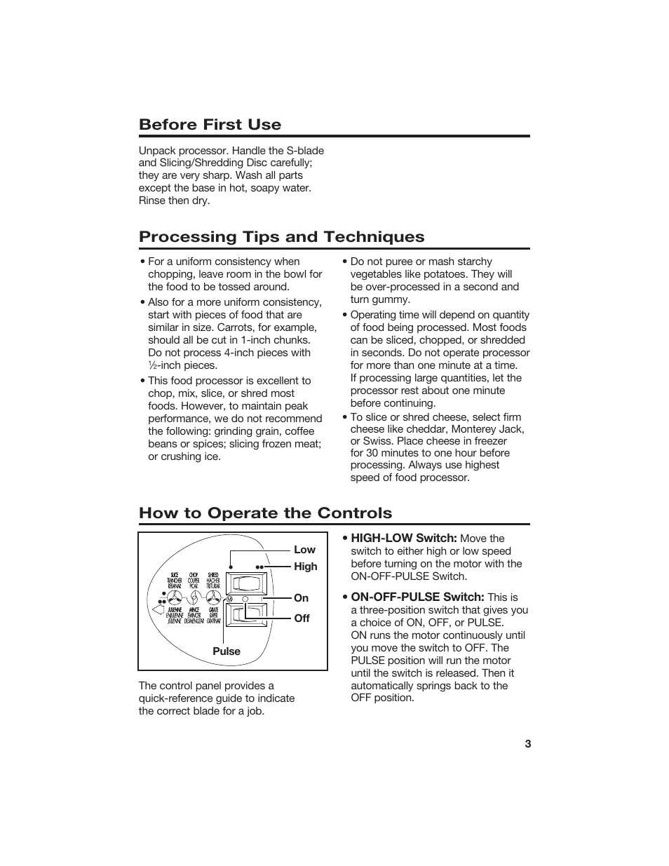 Before first use, Processing tips and techniques, How to operate the controls | Hamilton Beach 840067400 User Manual | Page 3 / 18