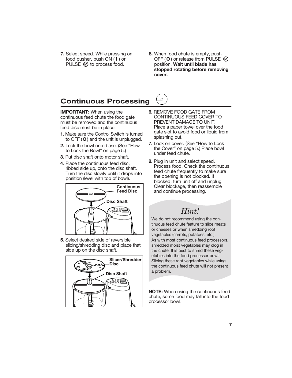 Hint, Continuous processing | Hamilton Beach 840067400 User Manual | Page 7 / 18