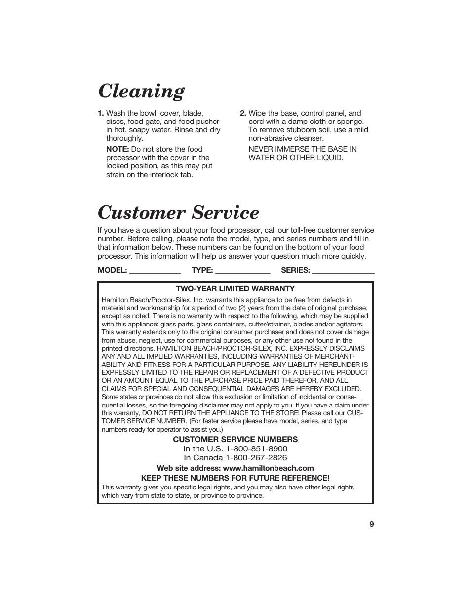 Cleaning, Customer service | Hamilton Beach 840067400 User Manual | Page 9 / 18