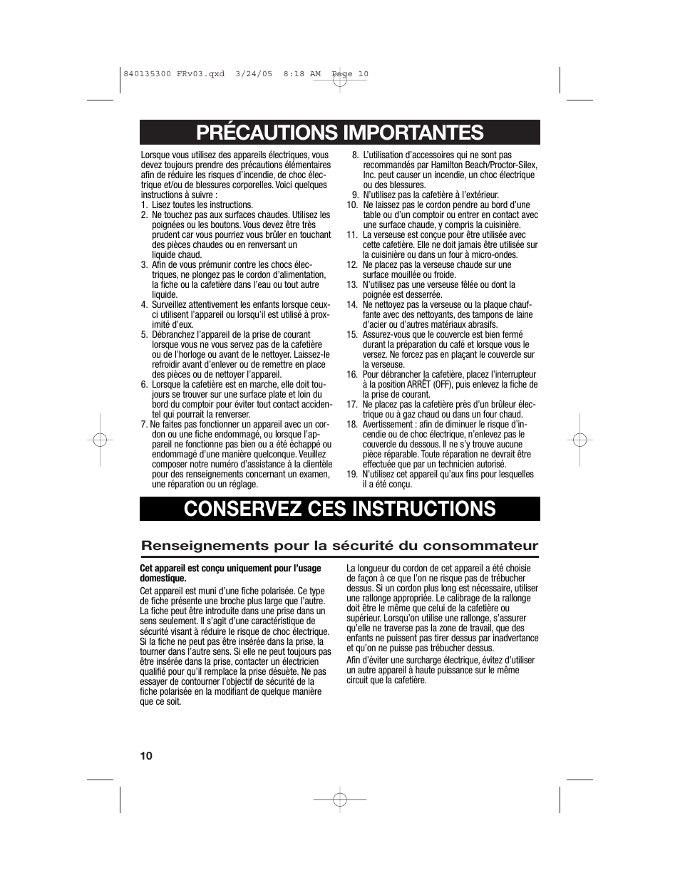 Conservez ces instructions, Précautions importantes | Hamilton Beach 42494 User Manual | Page 10 / 28