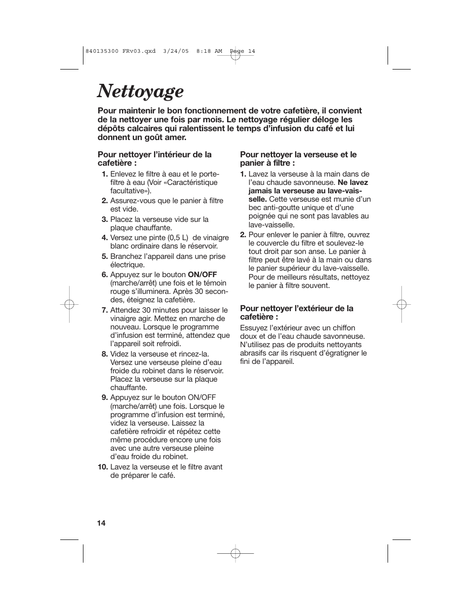 Nettoyage | Hamilton Beach 42494 User Manual | Page 14 / 28