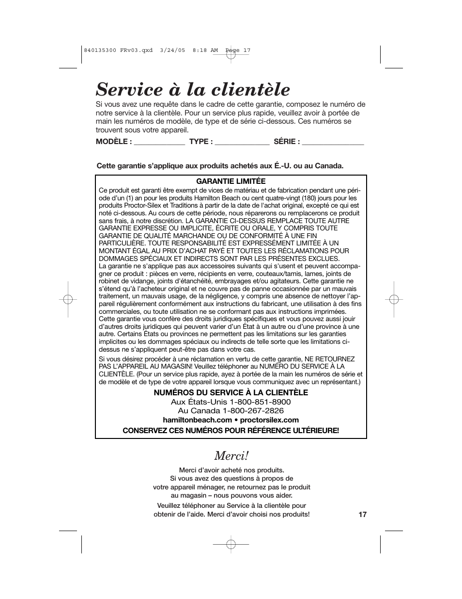 Service à la clientèle, Merci | Hamilton Beach 42494 User Manual | Page 17 / 28