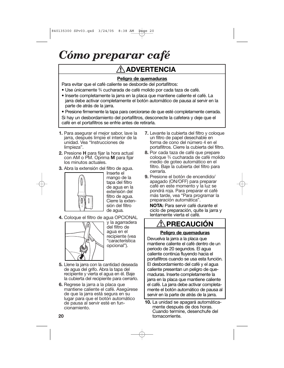 Cómo preparar café, Advertencia, Precaución | Hamilton Beach 42494 User Manual | Page 20 / 28