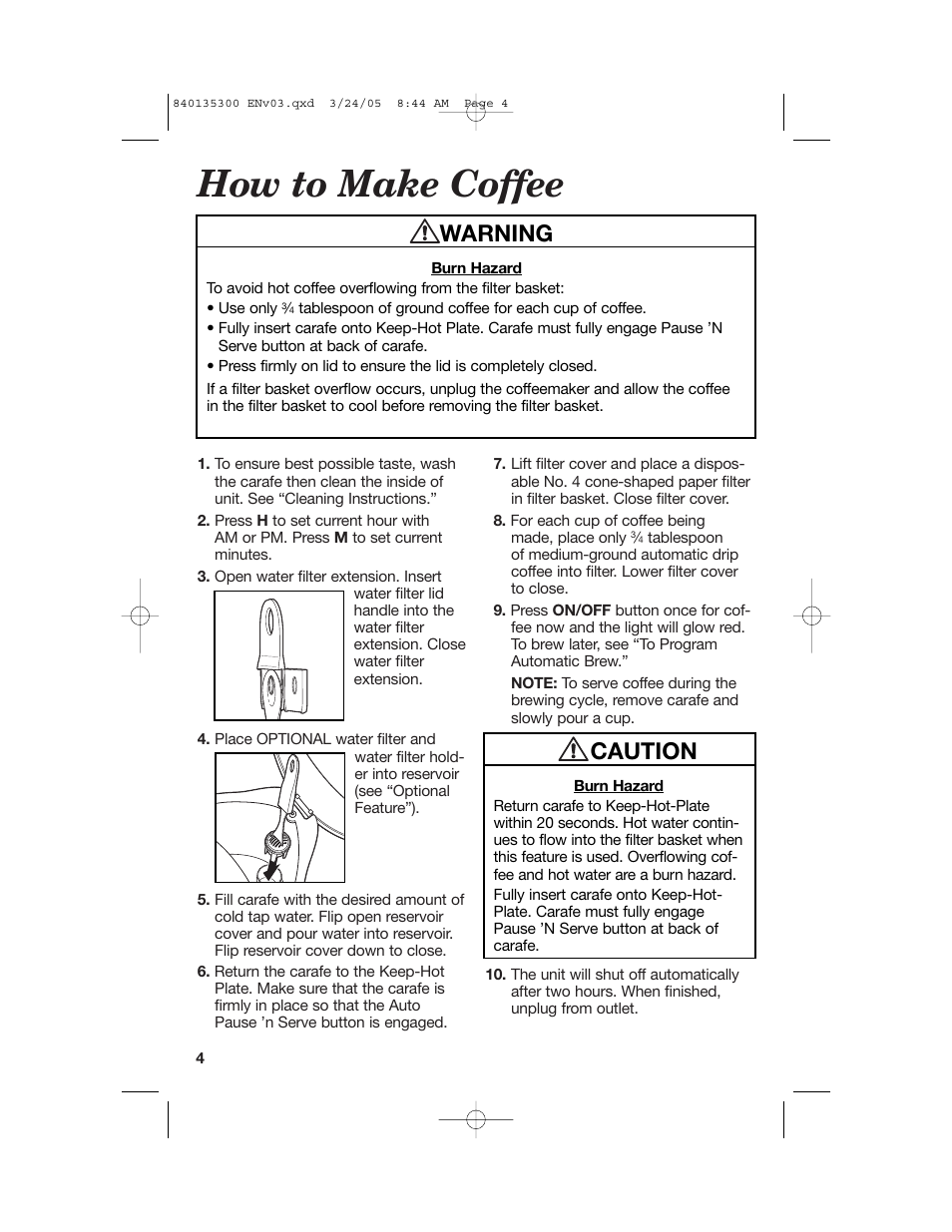 How to make coffee, Warning, Caution | Hamilton Beach 42494 User Manual | Page 4 / 28