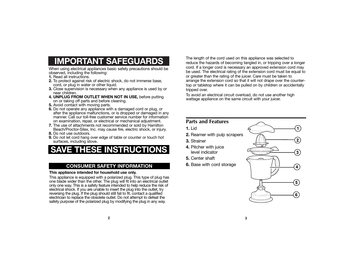 Important safeguards save these instructions | Hamilton Beach 840104600 User Manual | Page 2 / 4