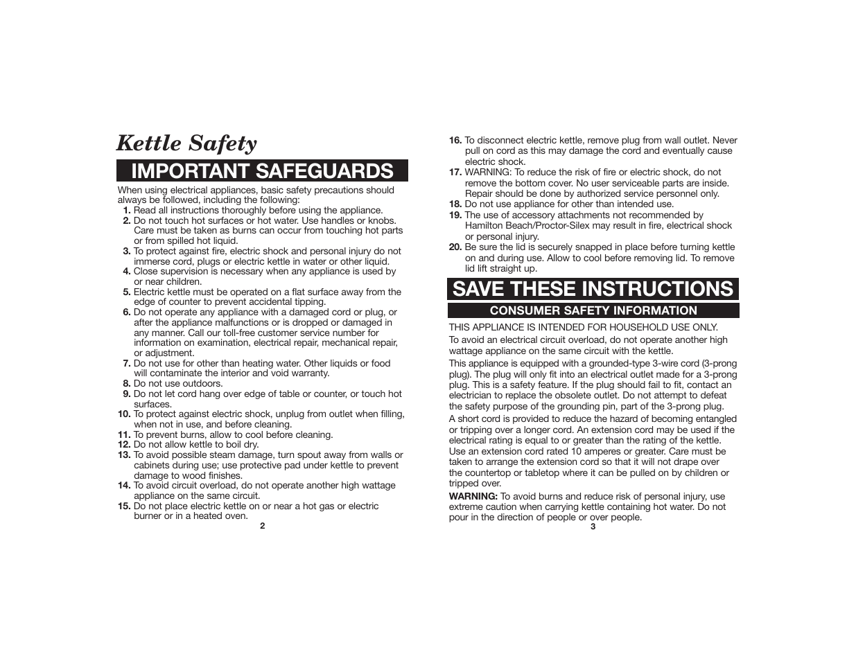 Kettle safety, Important safeguards save these instructions | Hamilton Beach 840055200 User Manual | Page 2 / 5
