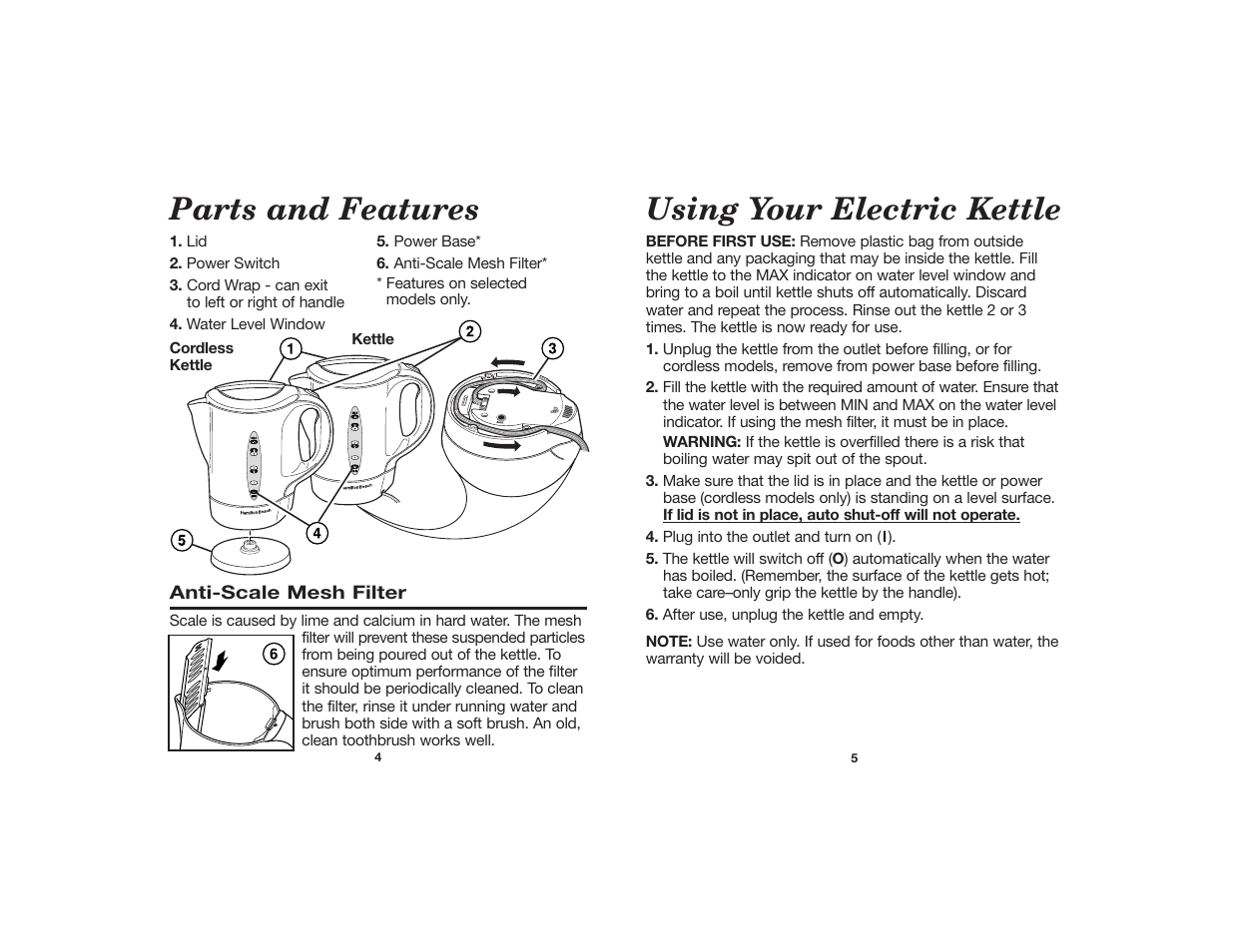 Using your electric kettle, Parts and features | Hamilton Beach 840055200 User Manual | Page 3 / 5