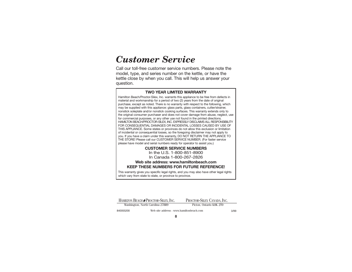Customer service | Hamilton Beach 840055200 User Manual | Page 5 / 5