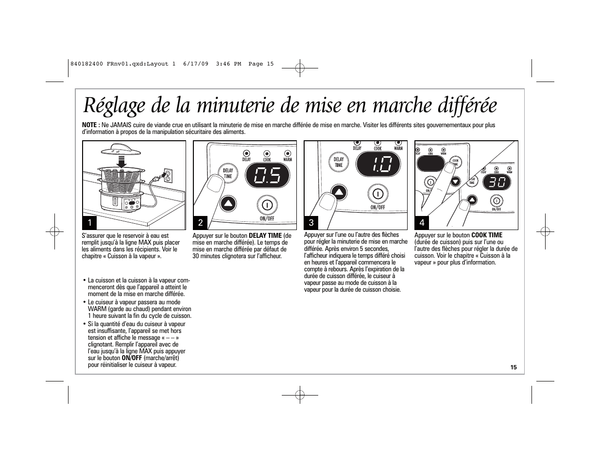 Réglage de la minuterie de mise en marche différée | Hamilton Beach 37537 User Manual | Page 15 / 32