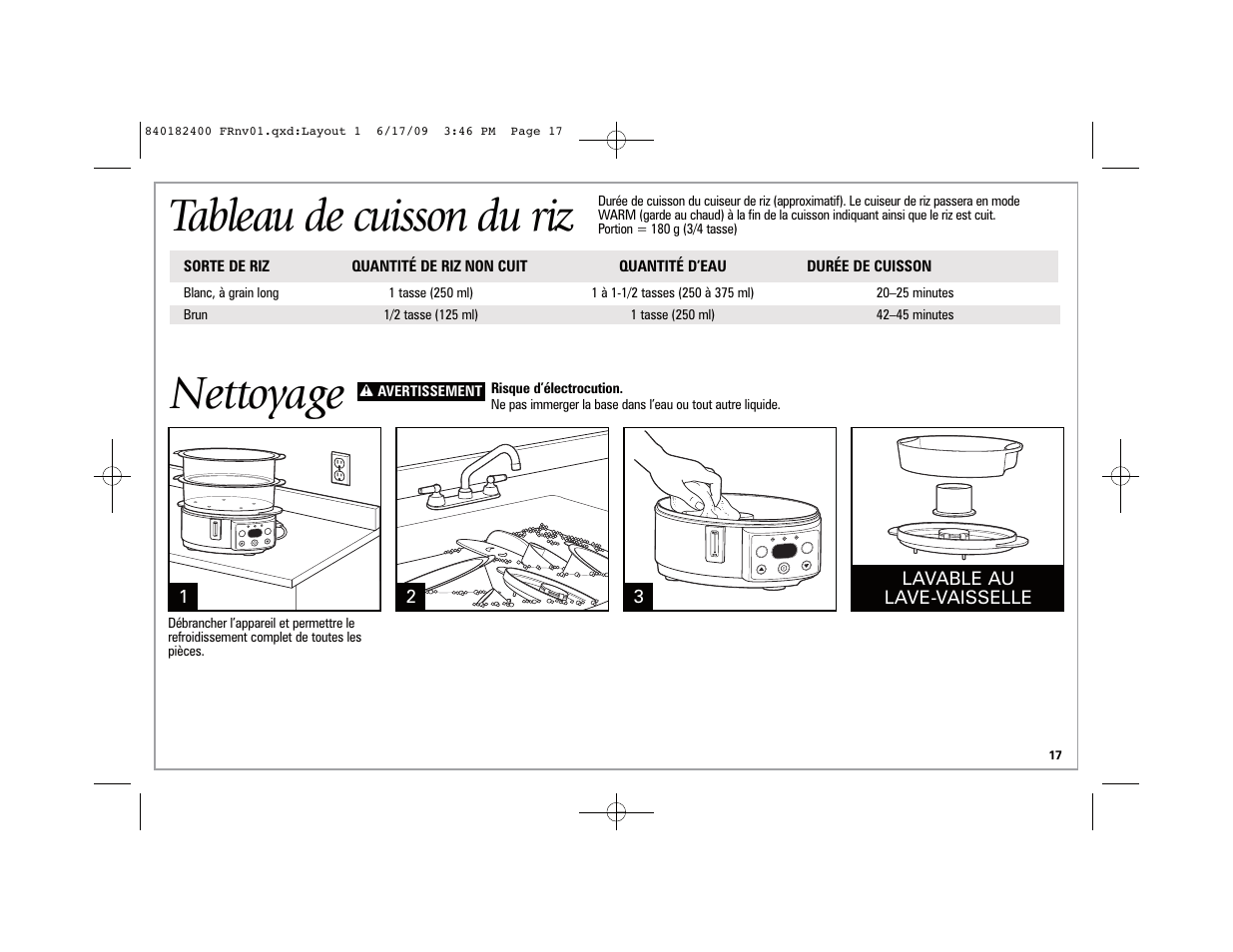 Nettoyage, Tableau de cuisson du riz | Hamilton Beach 37537 User Manual | Page 17 / 32