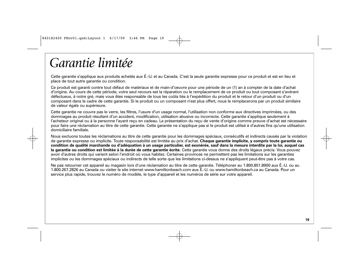 Garantie limitée | Hamilton Beach 37537 User Manual | Page 19 / 32